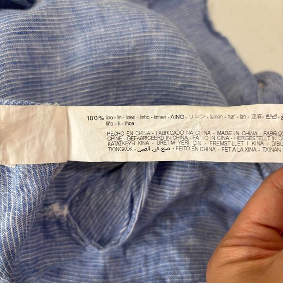 Zara 100% Linen Shirt Men M Casual Button Up Striped Blue Beachy Preppy Coastal - Picture 7 of 8